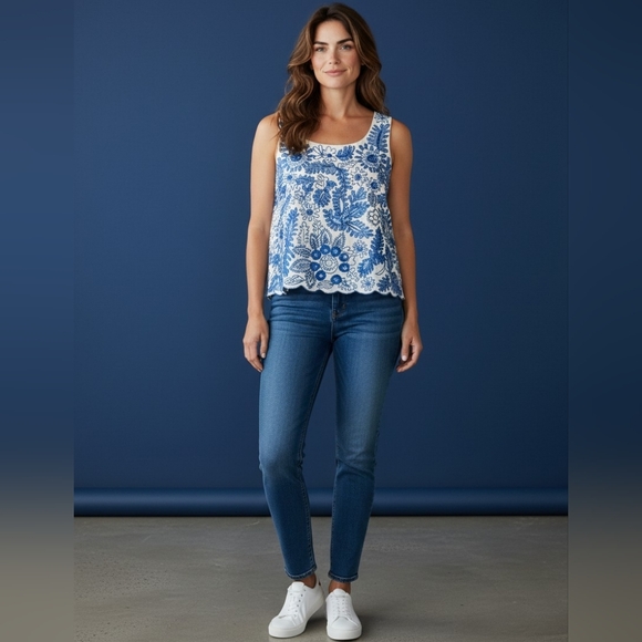 Anthropologie Moulinette Soeurs White Tank with Blue Floral Embroidery Size 2 - Picture 7 of 9